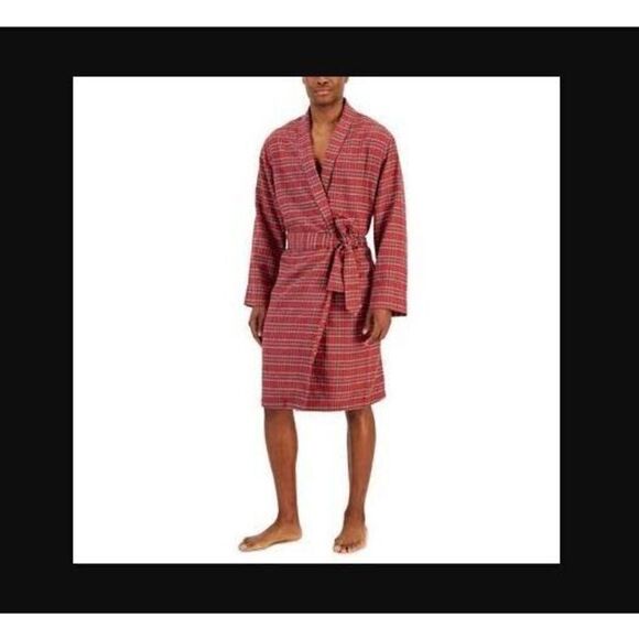 Club Room 10013203100 Men's Sz S/M Red Navy Plaid Plush Flannel Lounge Robe $60 - Picture 8 of 8